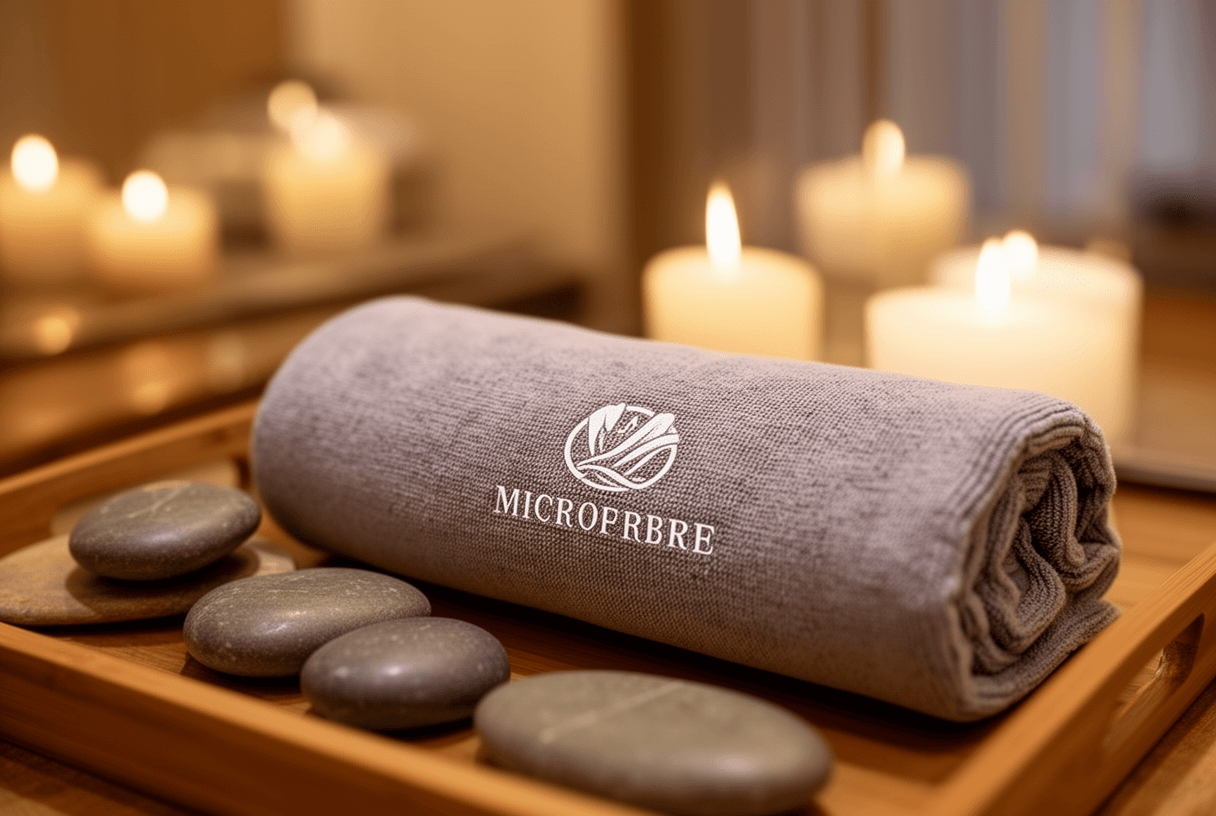 serviette microfibre spa avec logo sur plateau en bois